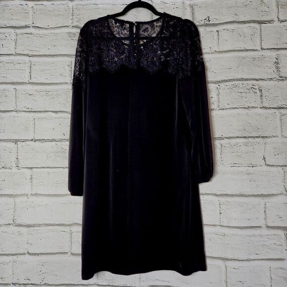 Trucloth Long Sleeve Solid Black Lace Neckline Knee Length Shirt Dress Large LBD - Picture 3 of 11